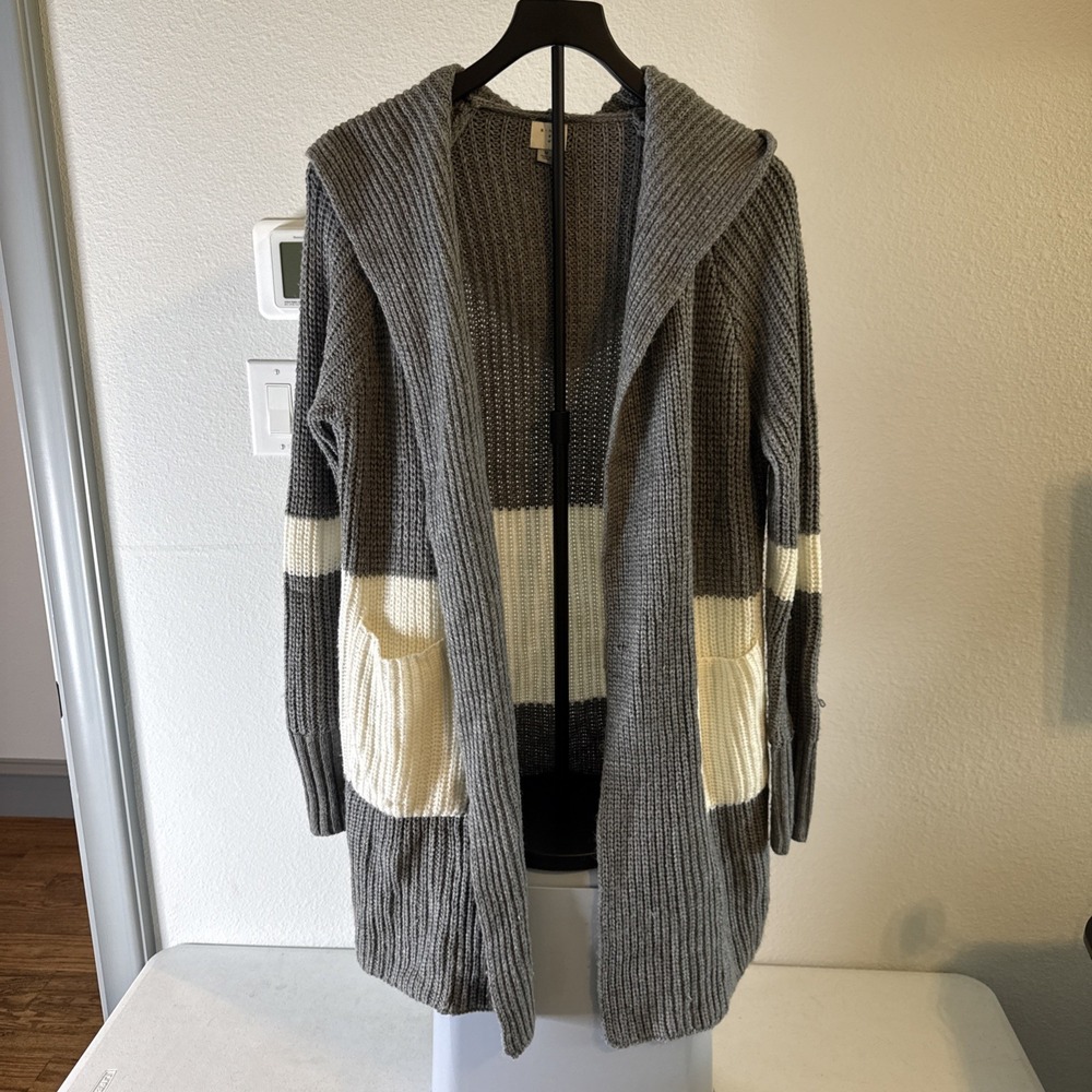 A New Day Women's Grey and White Striped Hooded Sweater Long Size M